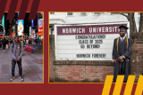 Student in Times Square next to Graduation photo